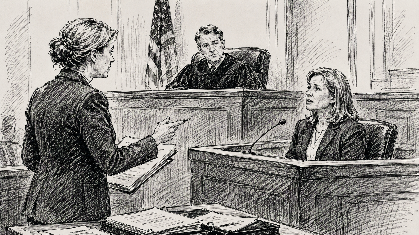 Courtroom illustration depicting a witness examination